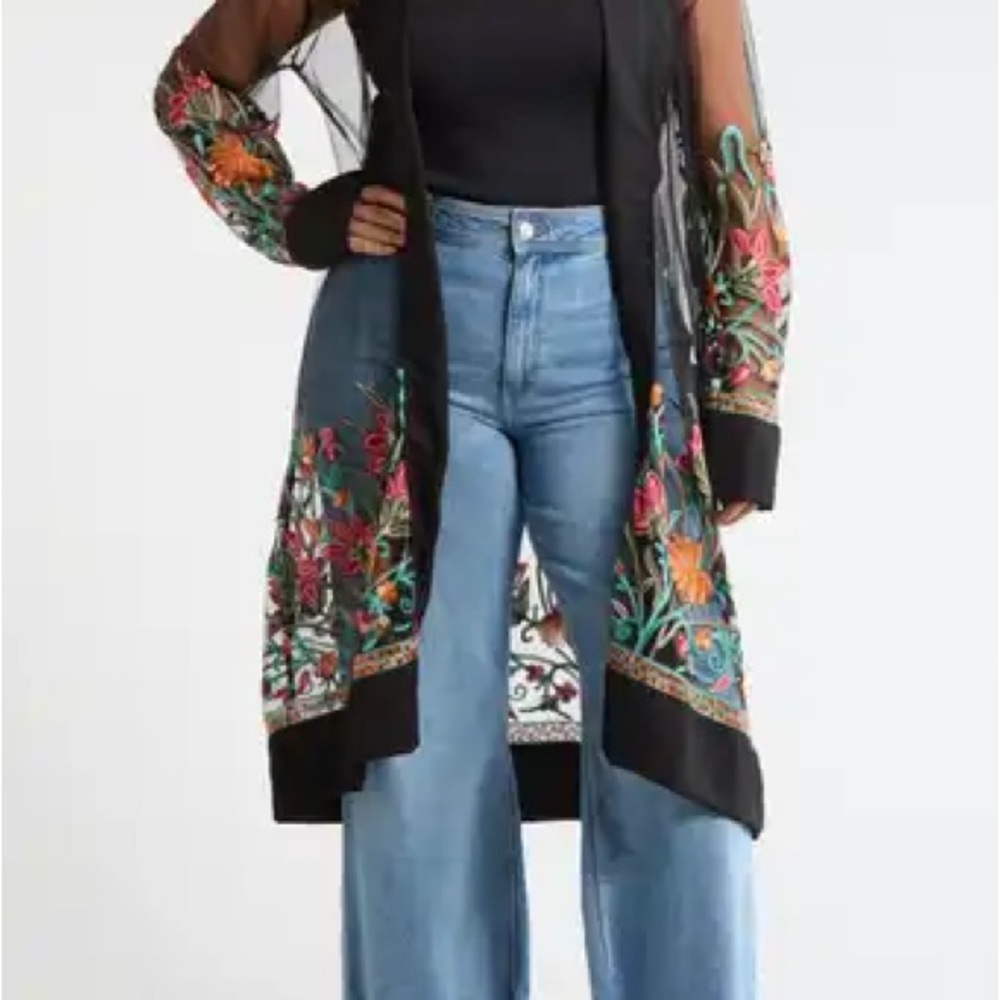 Embroidered Sheer Long Cardigan - Black with Multicolor Floral